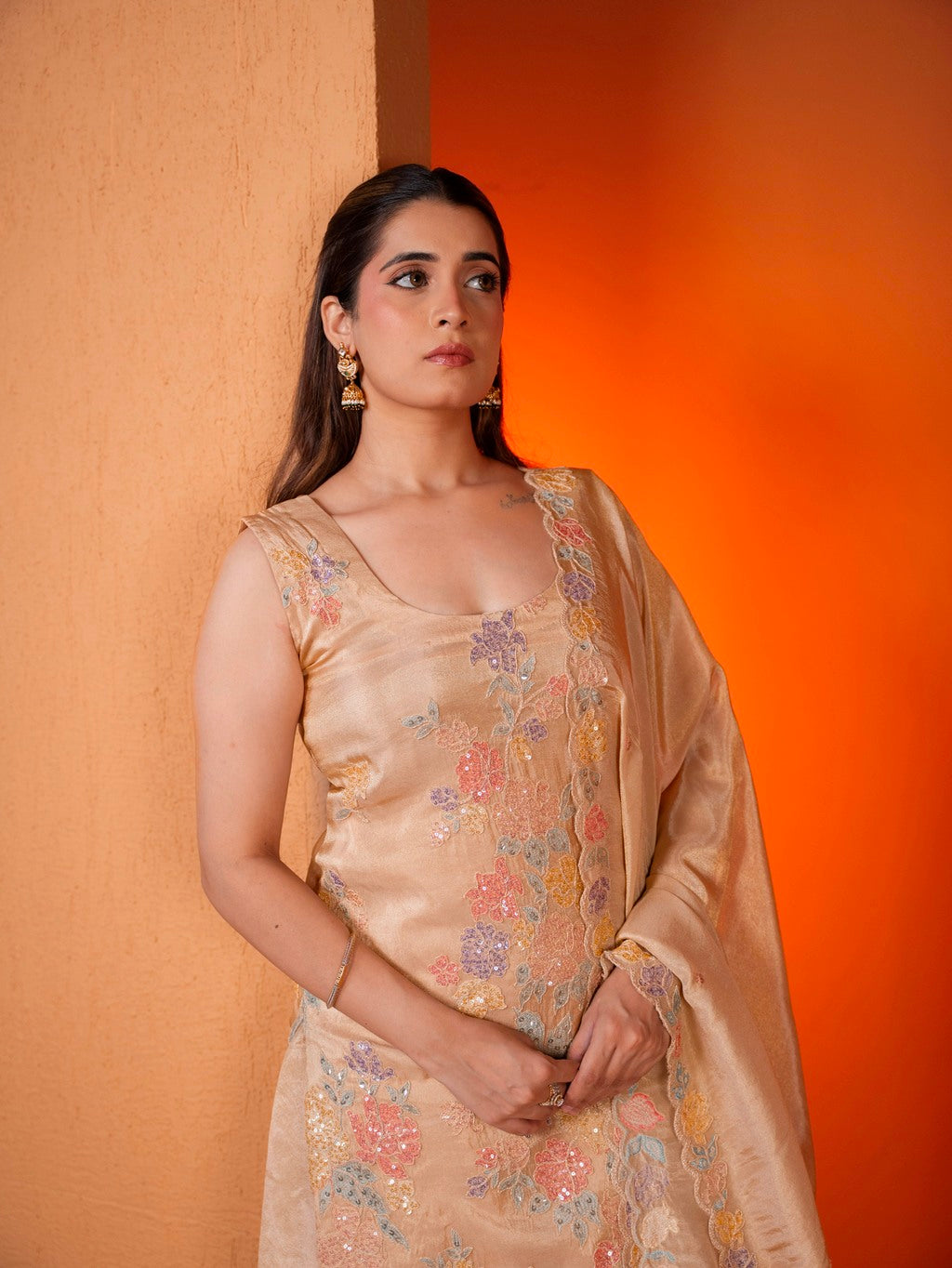 Fawn-Beige Sequin Work Sharara Set