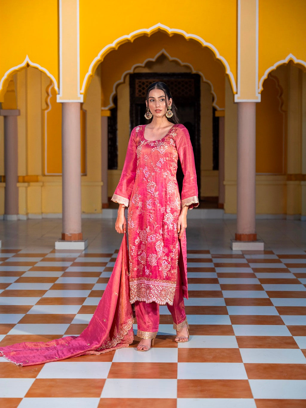 Hot-Pink Heavy Aari Work Kurta Set