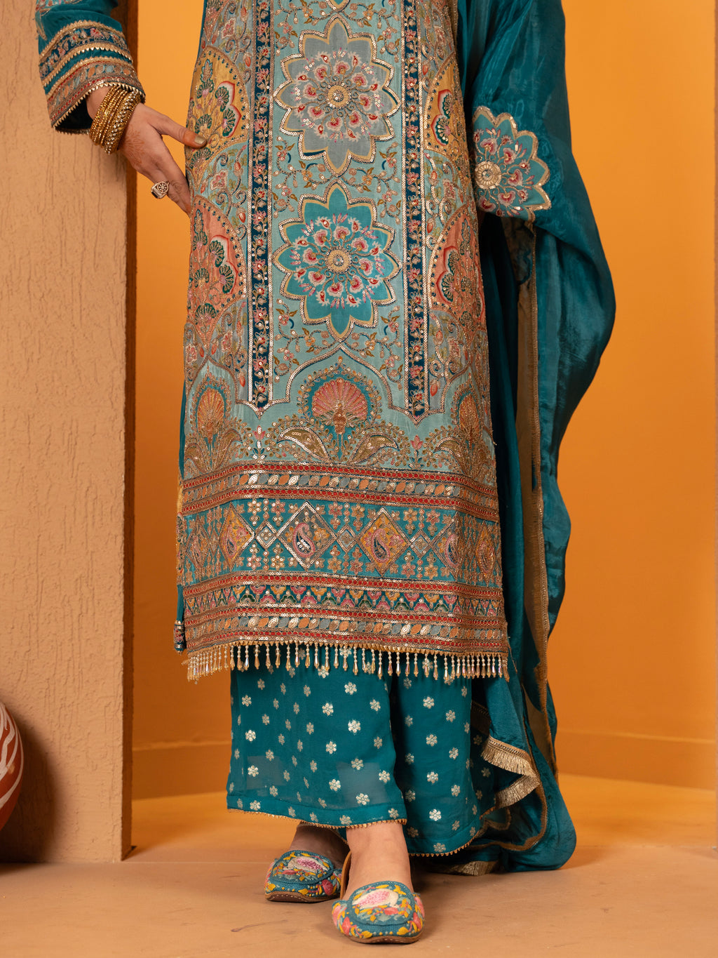 Teal-Blue Aari Work Plazo Set