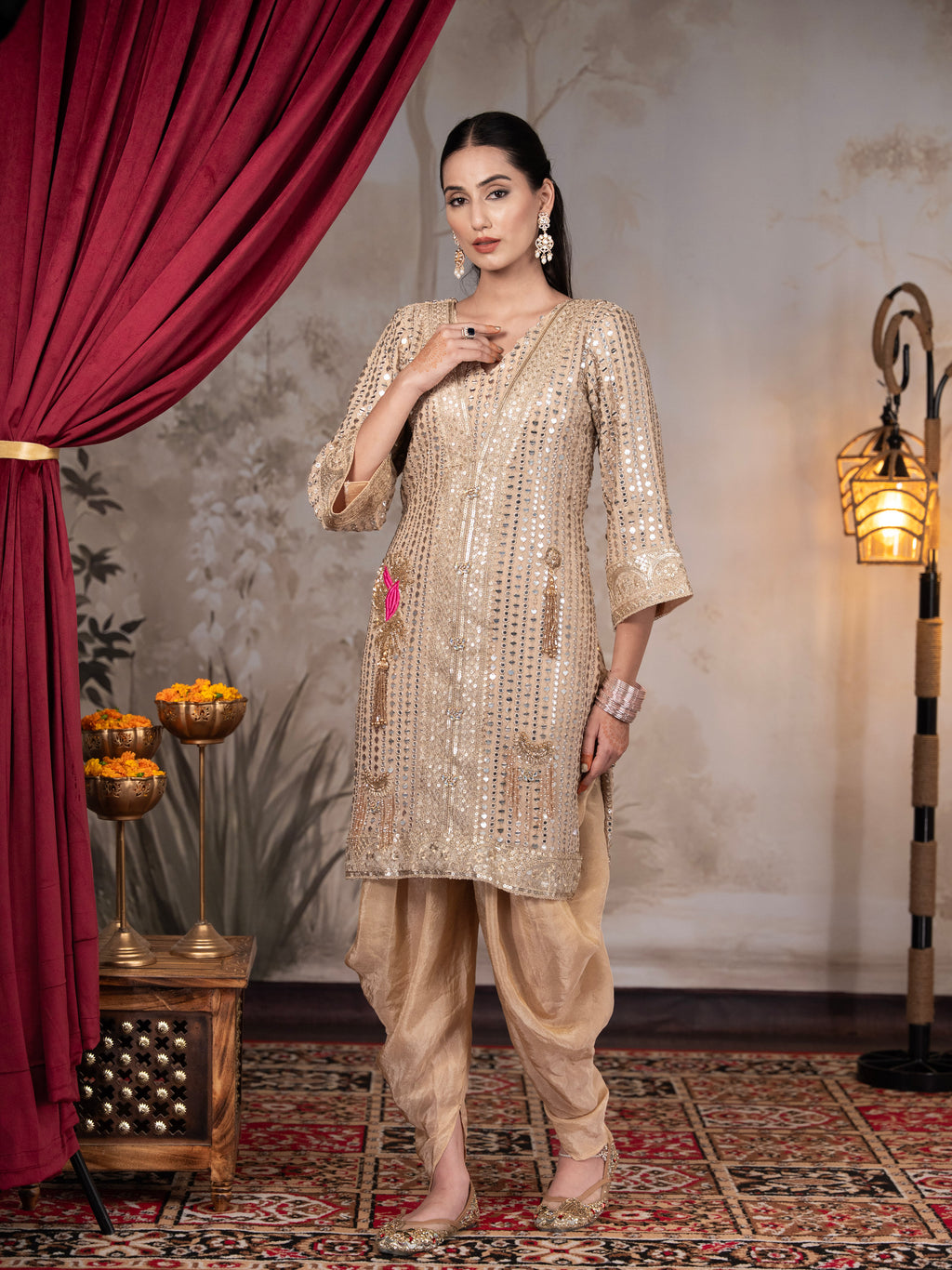 Beige Heavy Mirror work Dhoti Set