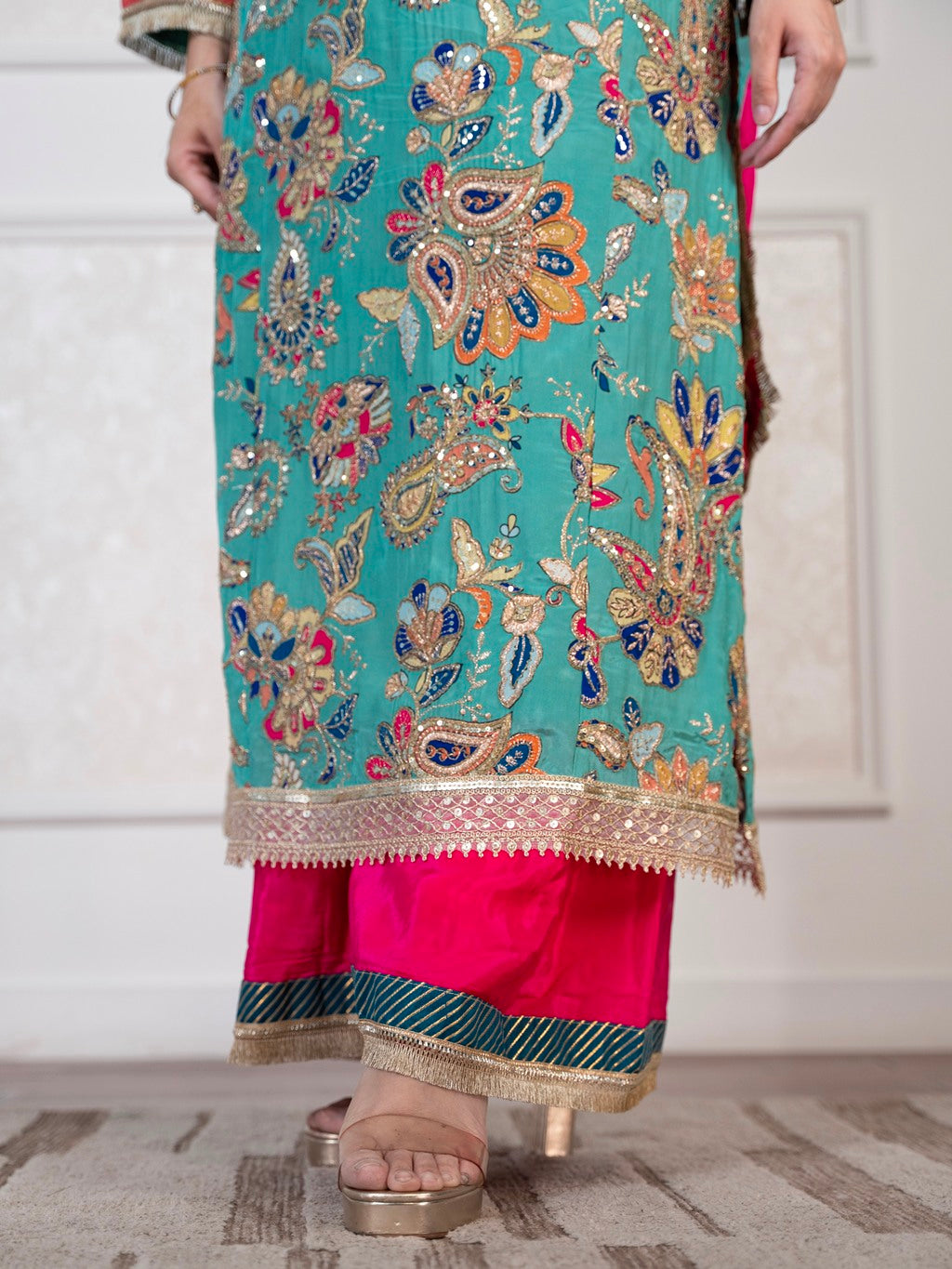 Greyish-Green Dori & Aari Work Kurta Set
