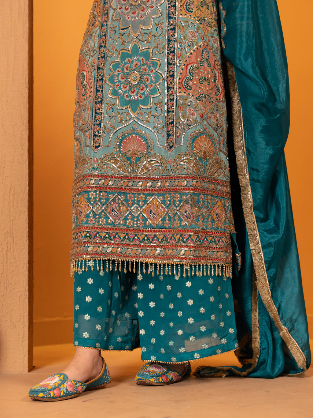 Teal-Blue Aari Work Plazo Set