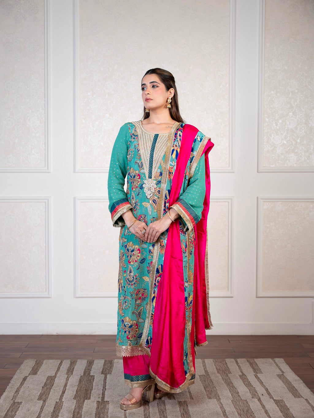 Greyish-Green Dori & Aari Work Kurta Set