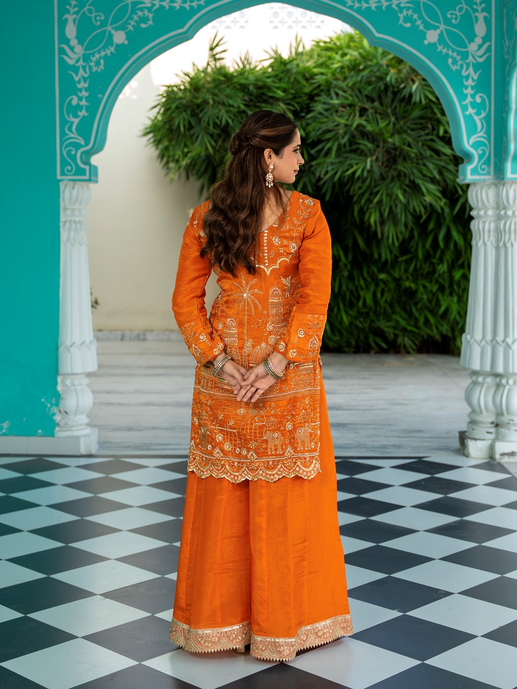 Sunset-Orange Heavy Aari Work Sharara Set