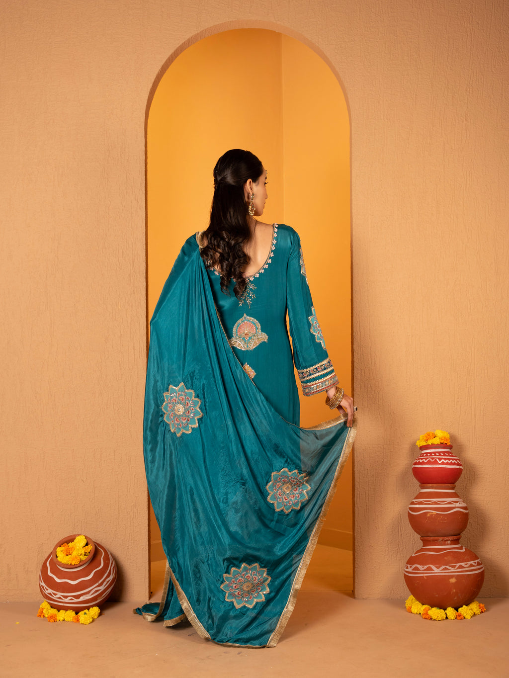 Teal-Blue Aari Work Plazo Set