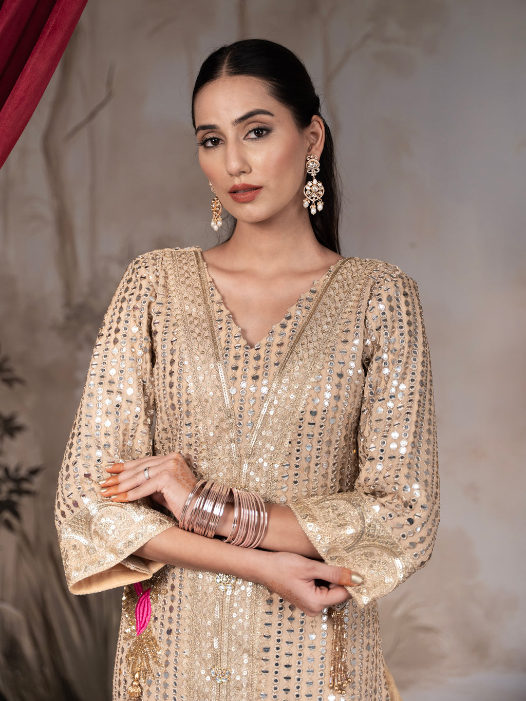 Beige Heavy Mirror work Dhoti Set