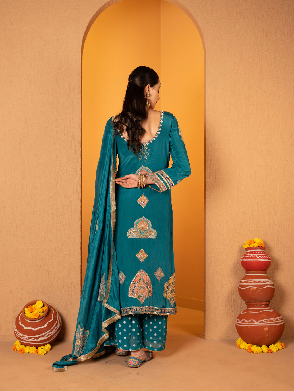 Teal-Blue Aari Work Plazo Set