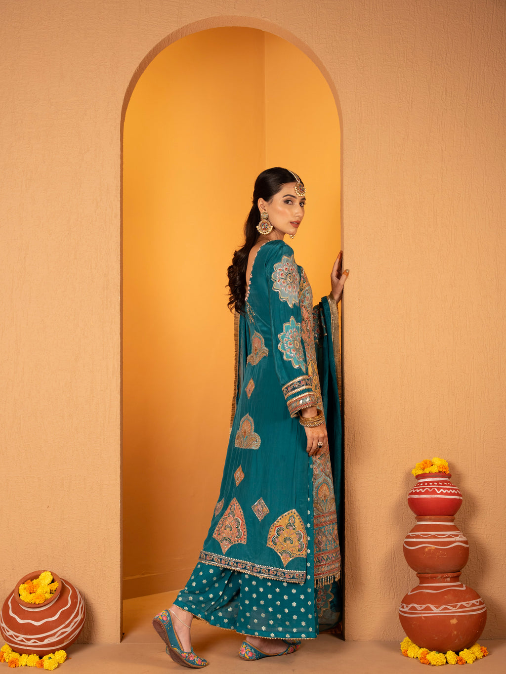 Teal-Blue Aari Work Plazo Set
