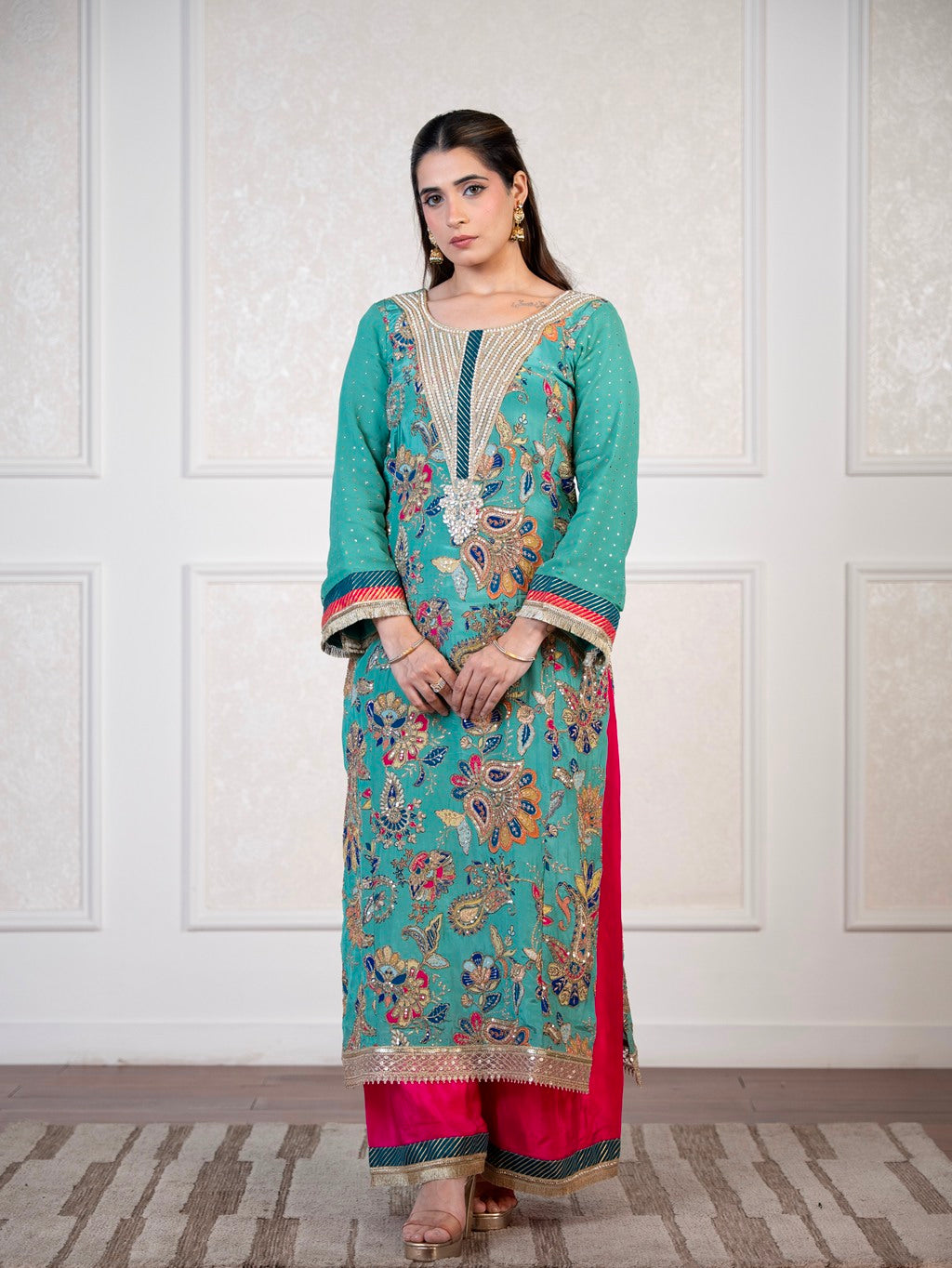 Greyish-Green Dori & Aari Work Kurta Set