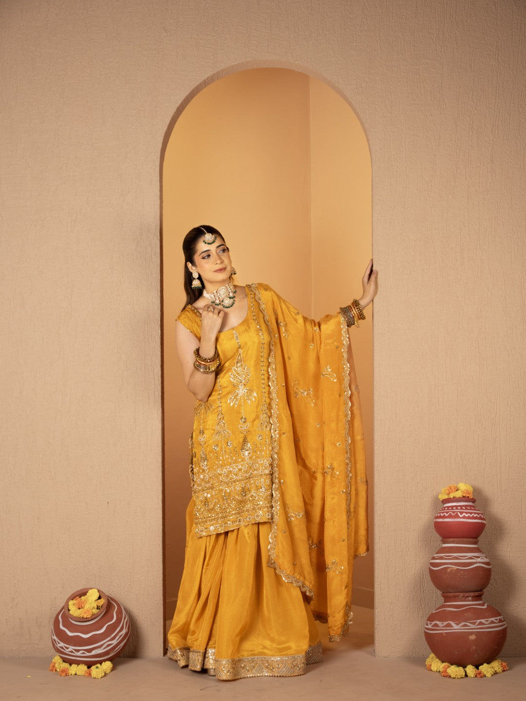 Yellow Heavy Tila Work Gharara Set