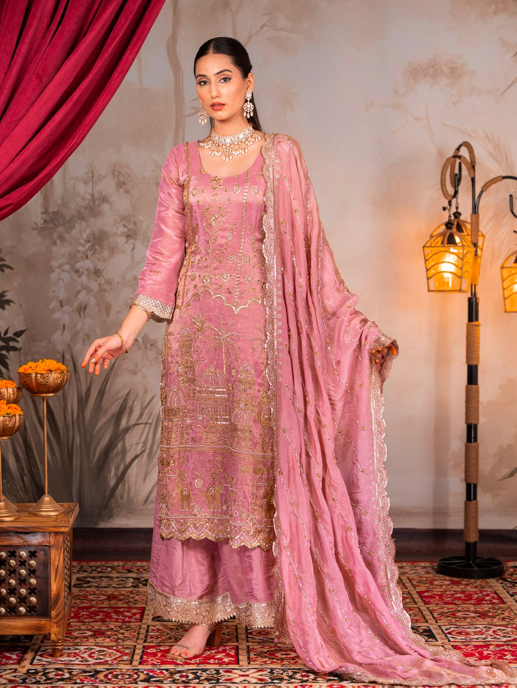 Onion-Pink Heavy Aari Work Kurta Set