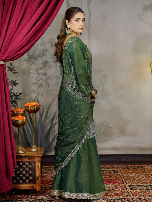 Bottle-Green Heavy Cutdana & Pearl Work Sharara Set