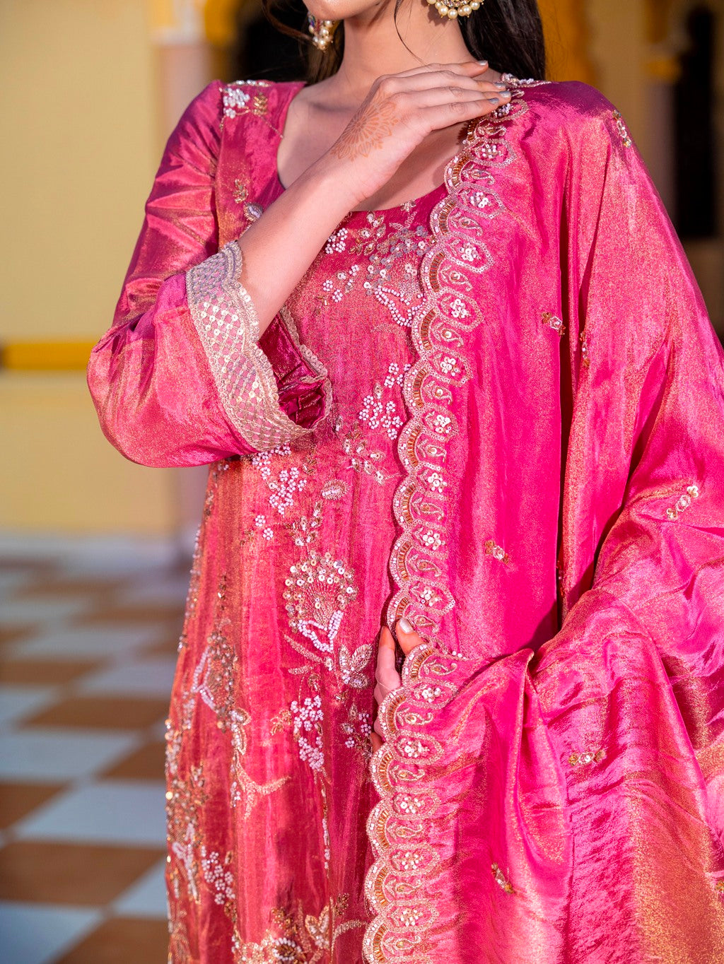 Hot-Pink Heavy Aari Work Kurta Set