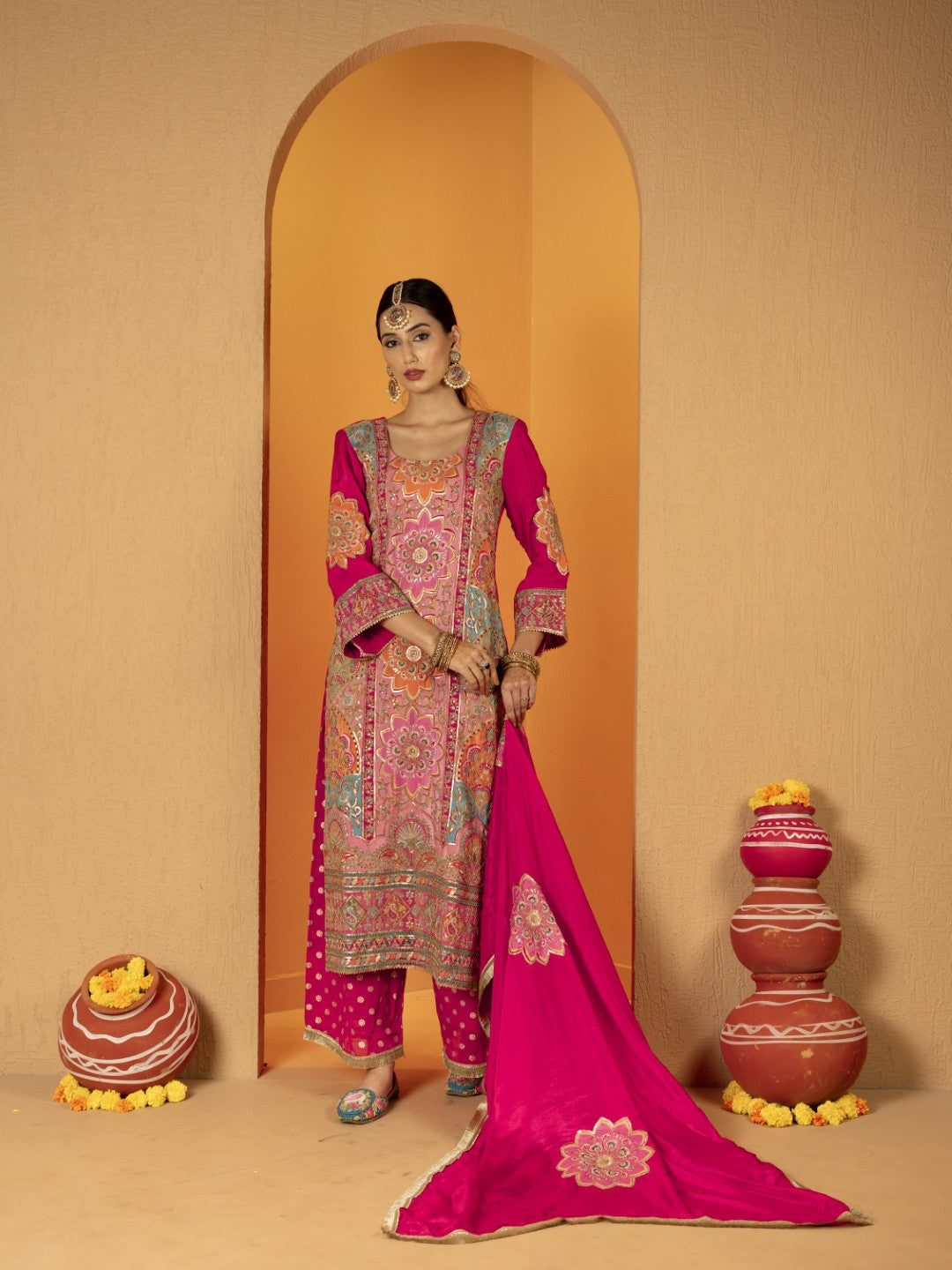 Hot-Pink Aari Work Plazo Set