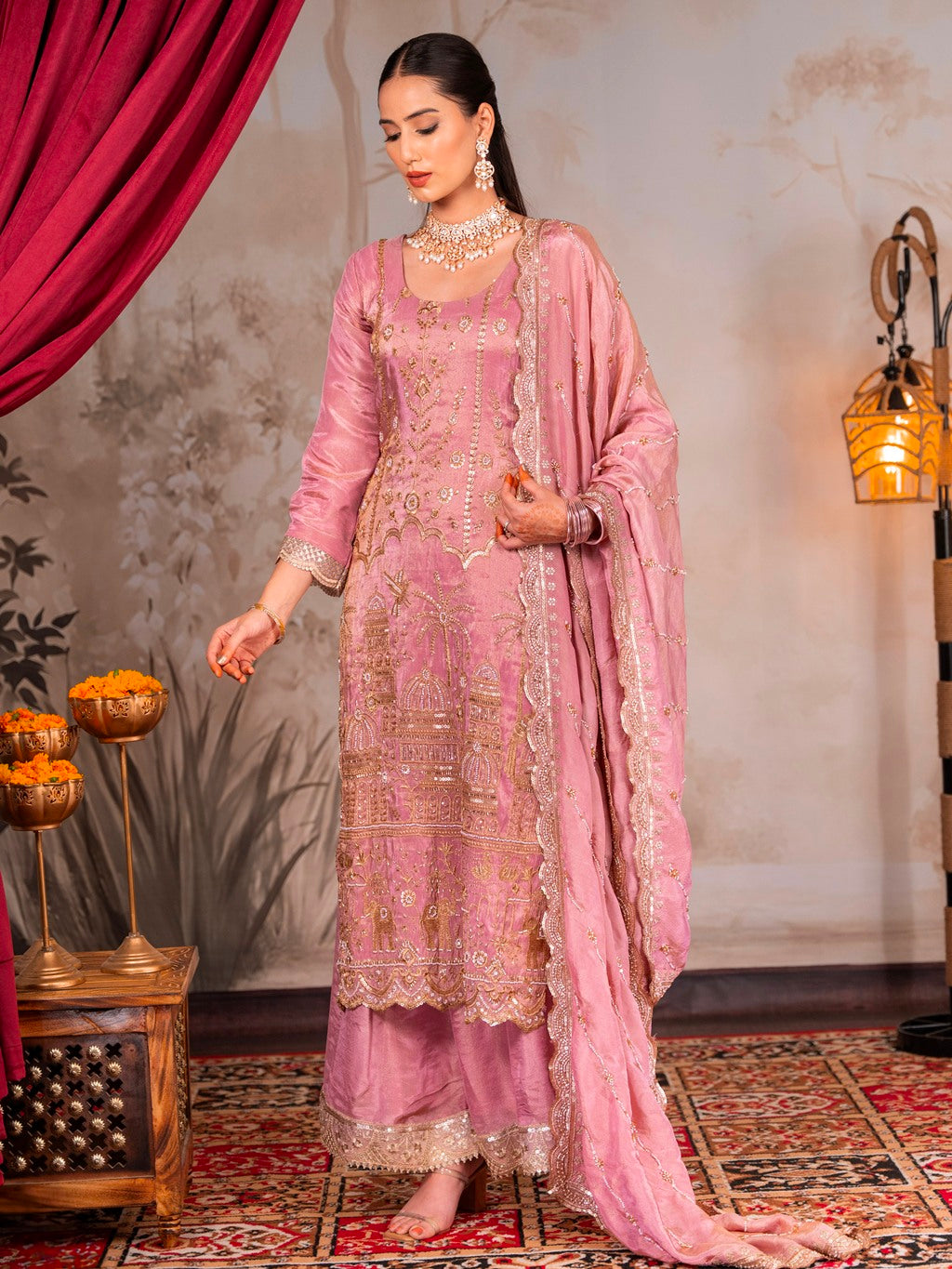 Onion-Pink Heavy Aari Work Kurta Set