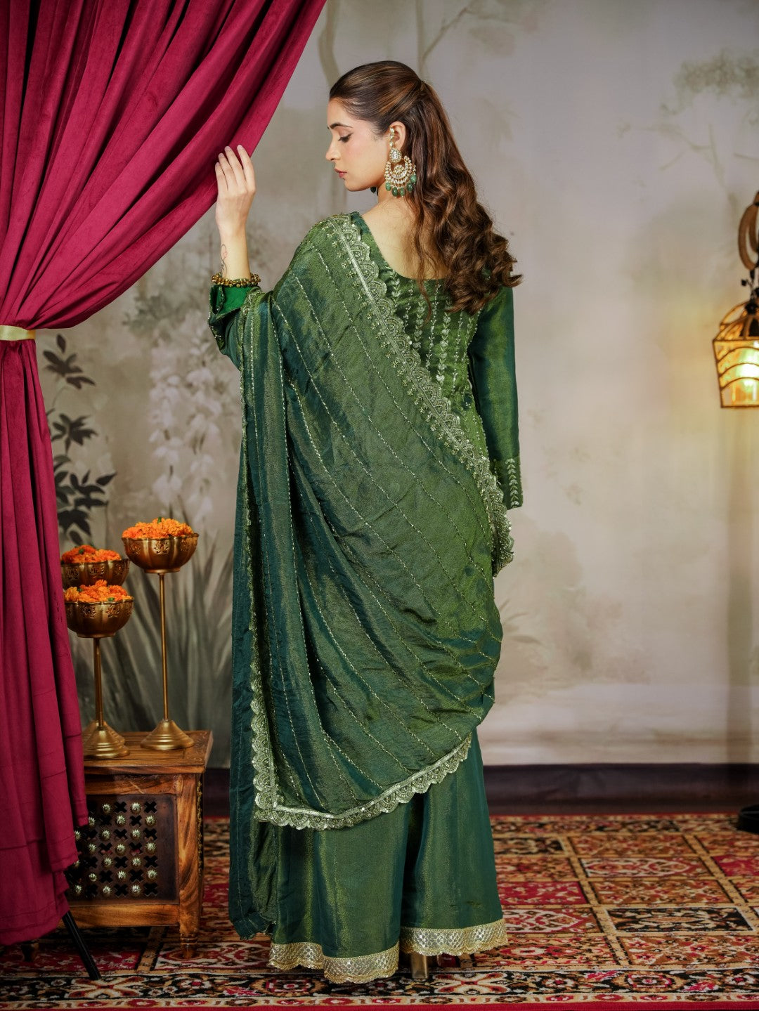 Bottle-Green Heavy Cutdana & Pearl Work Sharara Set
