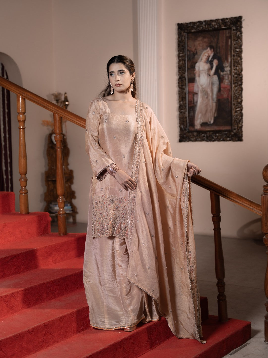Peach Heavy Multicoloured-Sequin Work Sharara Set