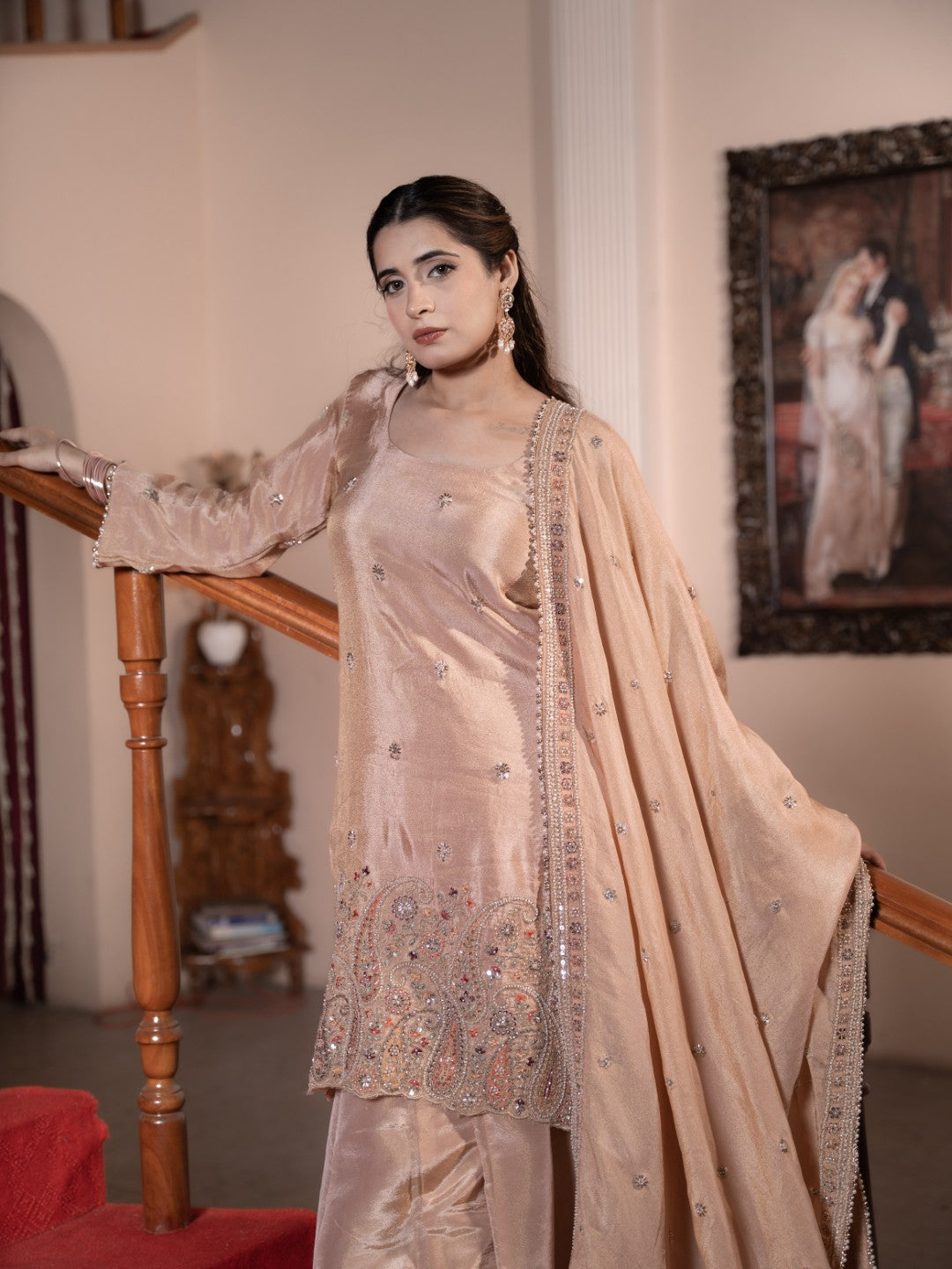 Peach Heavy Multicoloured-Sequin Work Sharara Set