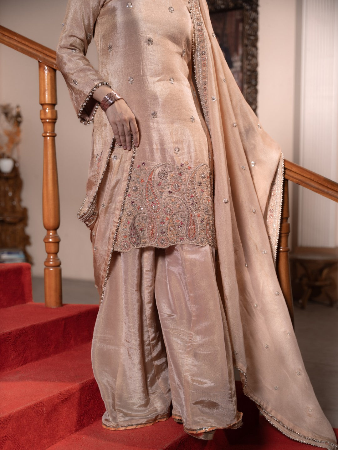 Peach Heavy Multicoloured-Sequin Work Sharara Set