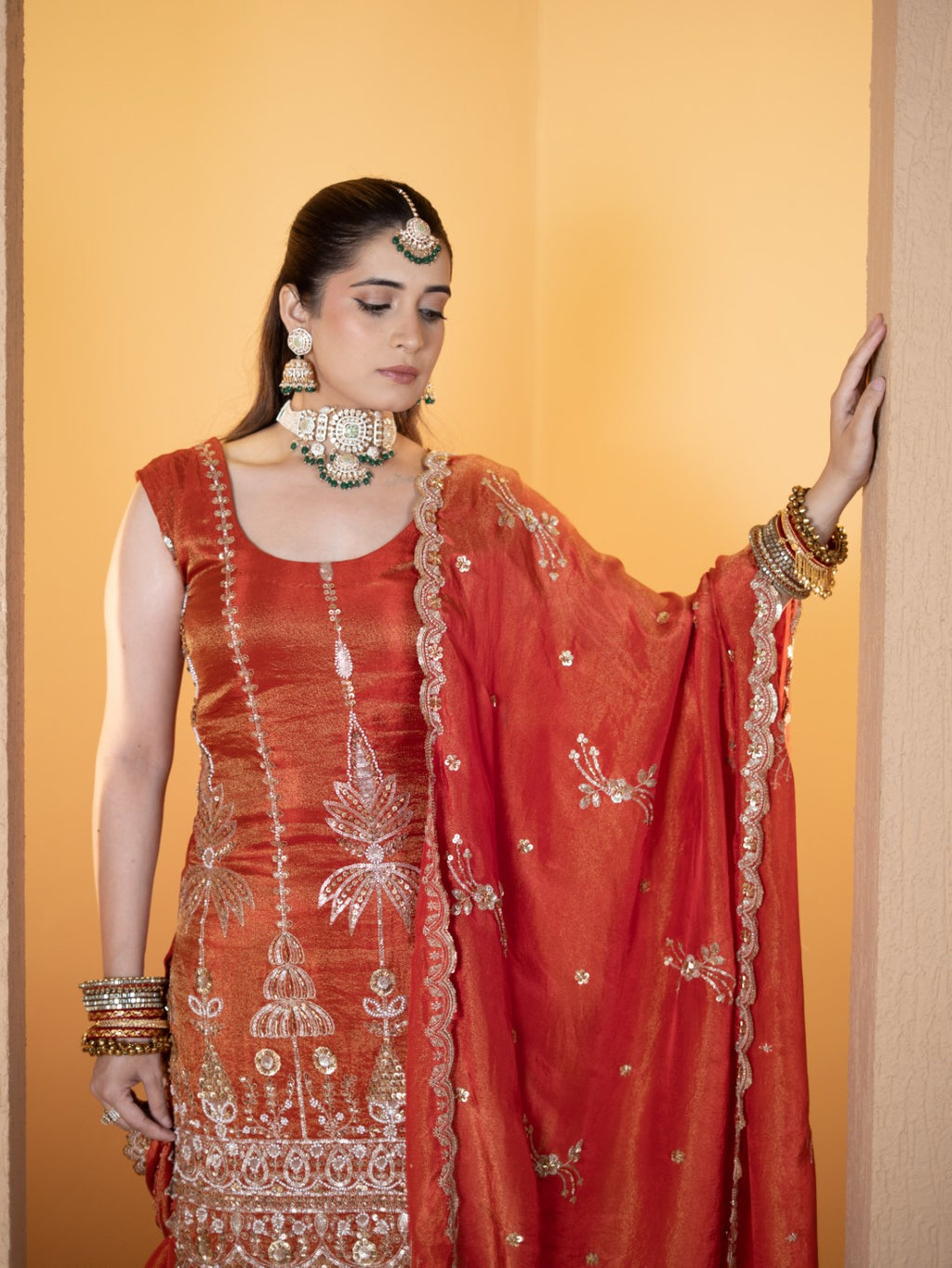 Tomato-Red Heavy Tila Work Gharara Set