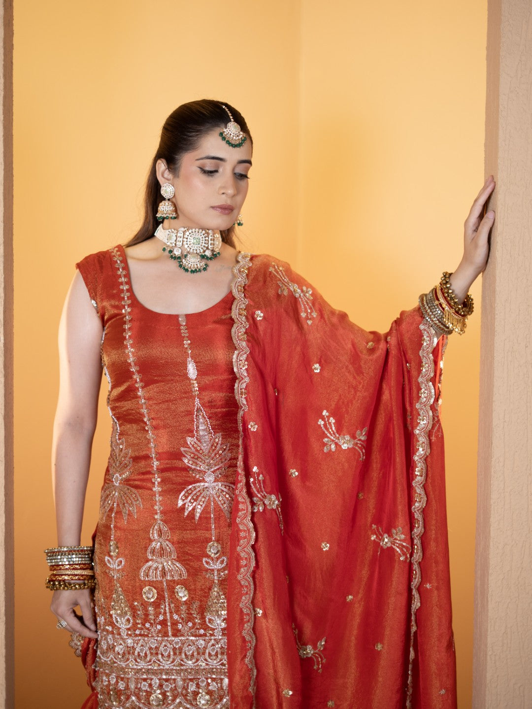 Tomato-Red Heavy Tila Work Gharara Set