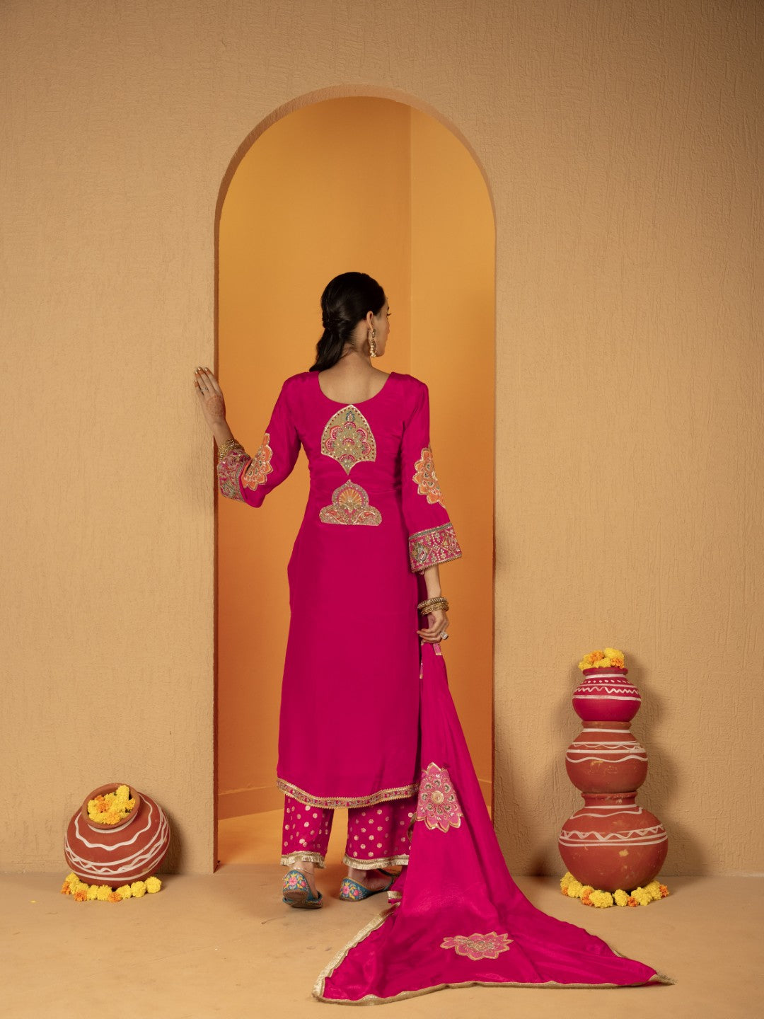 Hot-Pink Aari Work Plazo Set