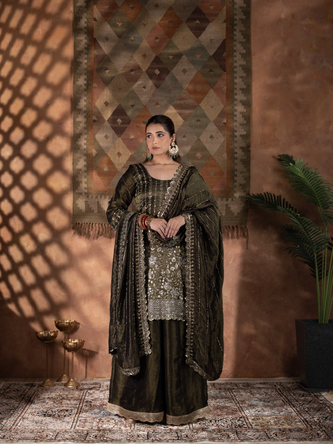 Blackish Mehandi-Green Heavy Cutdana & Pearl Work Sharara Set