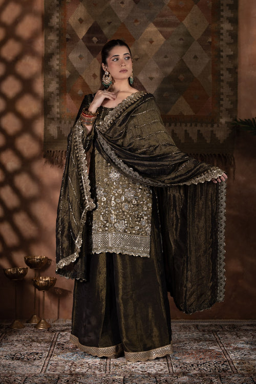 Blackish Mehandi-Green Heavy Cutdana & Pearl Work Sharara Set