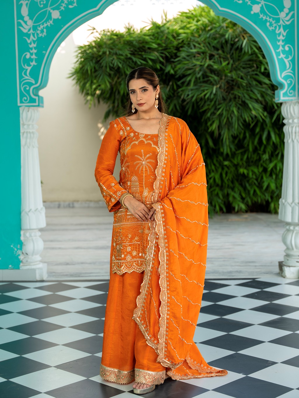 Sunset-Orange Heavy Aari Work Sharara Set