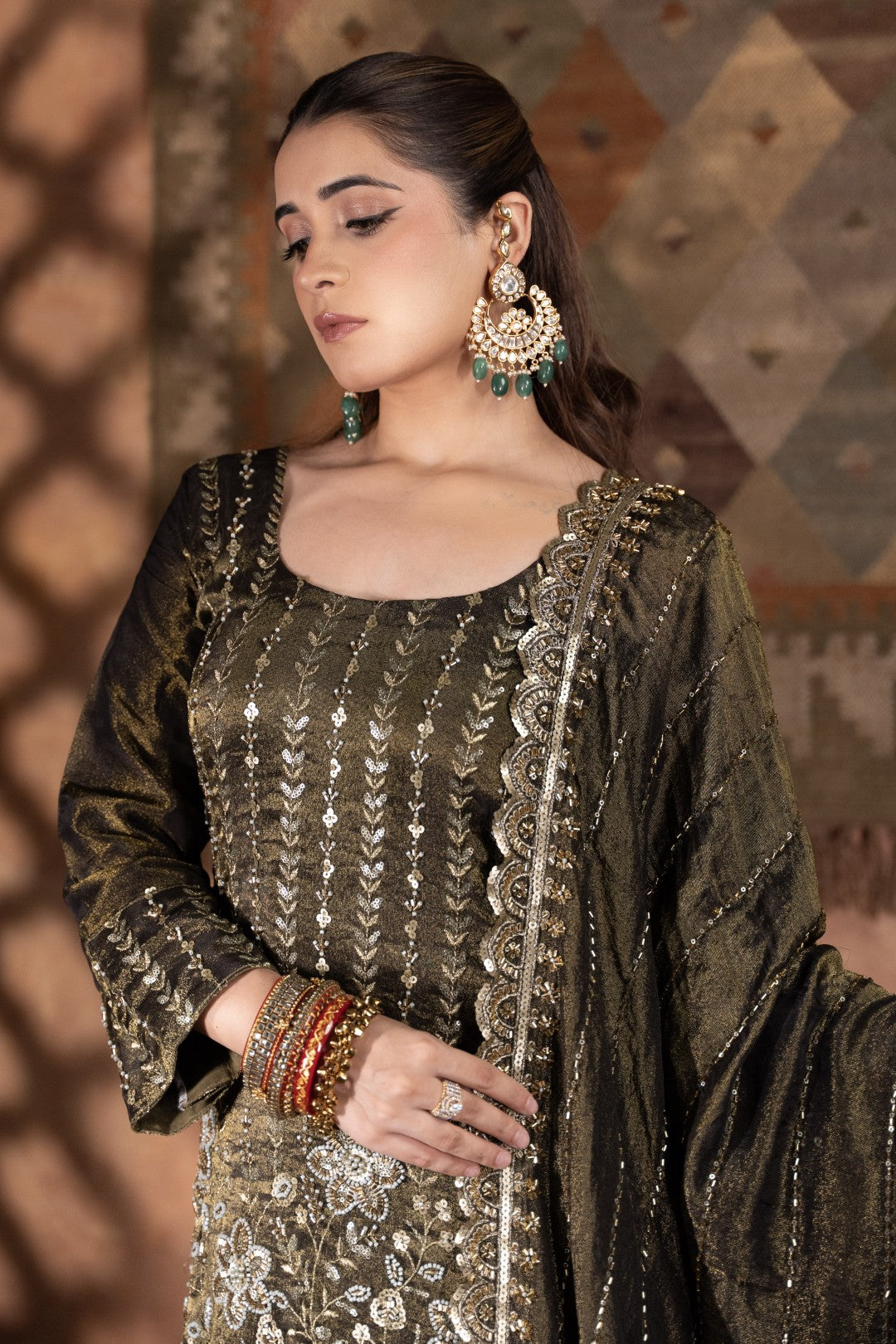 Blackish Mehandi-Green Heavy Cutdana & Pearl Work Sharara Set