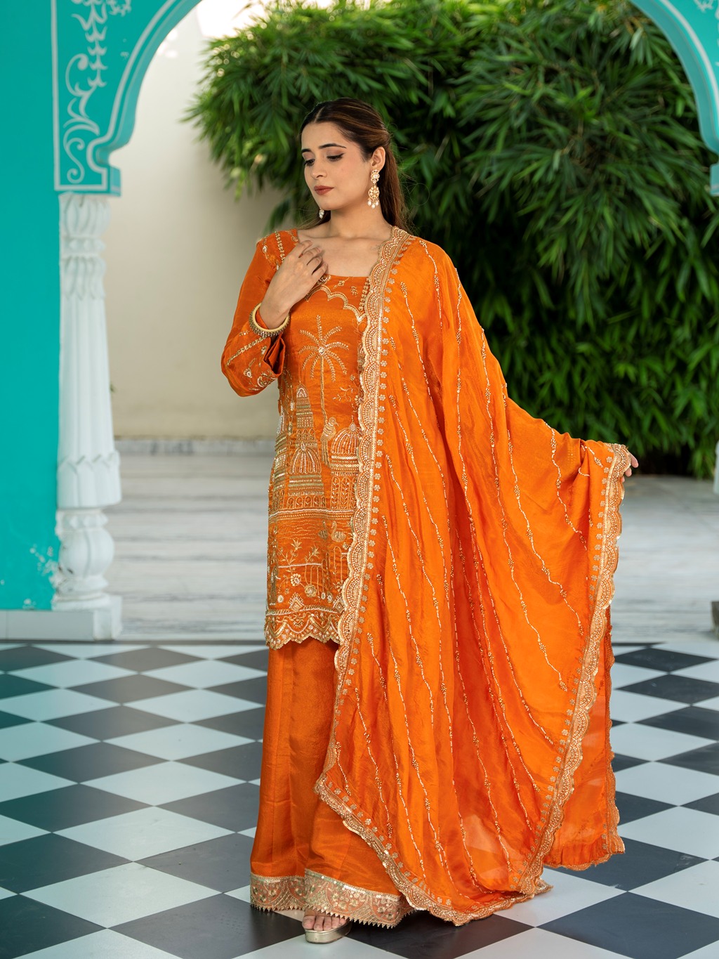 Sunset-Orange Heavy Aari Work Sharara Set