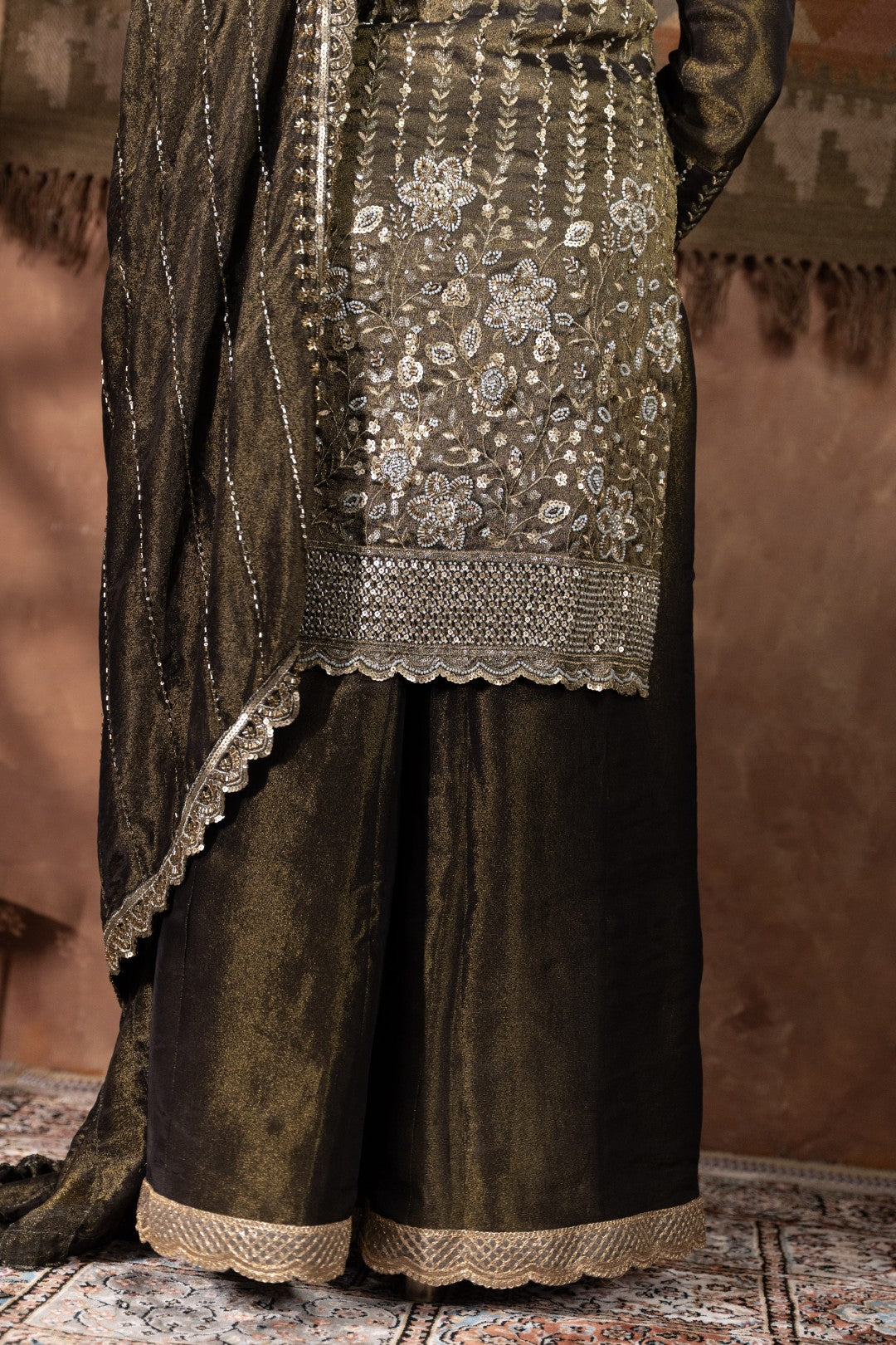Blackish Mehandi-Green Heavy Cutdana & Pearl Work Sharara Set