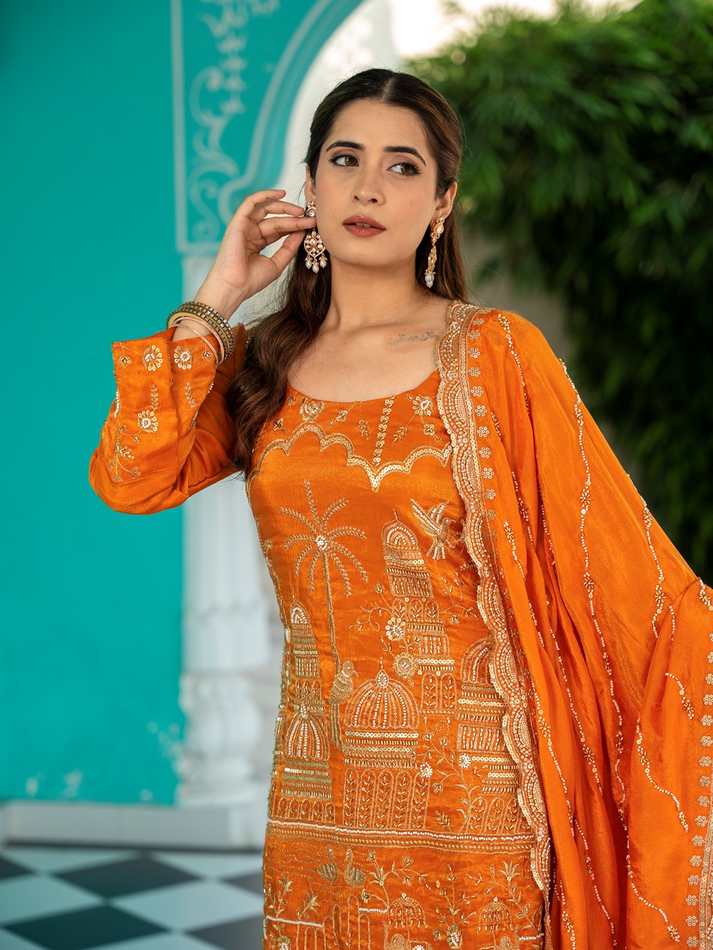 Sunset-Orange Heavy Aari Work Sharara Set