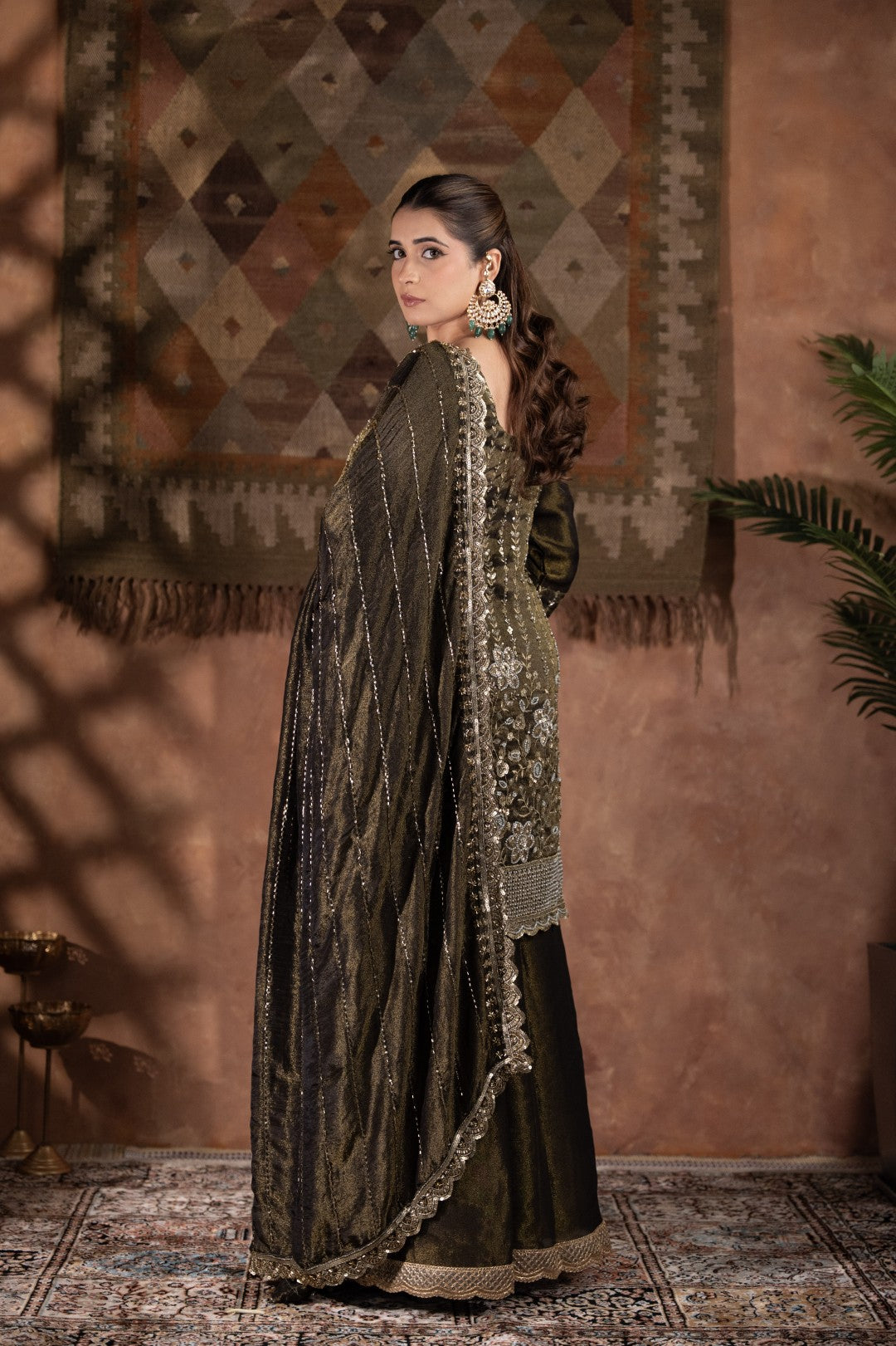 Blackish Mehandi-Green Heavy Cutdana & Pearl Work Sharara Set