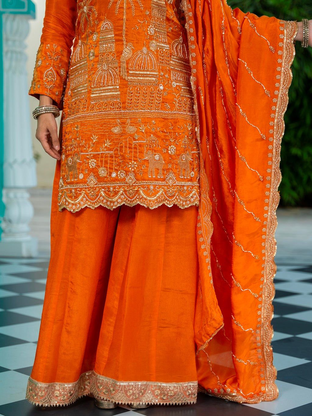 Sunset-Orange Heavy Aari Work Sharara Set