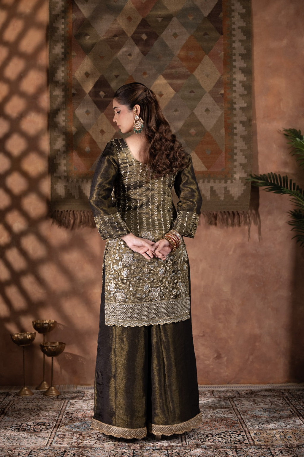 Blackish Mehandi-Green Heavy Cutdana & Pearl Work Sharara Set