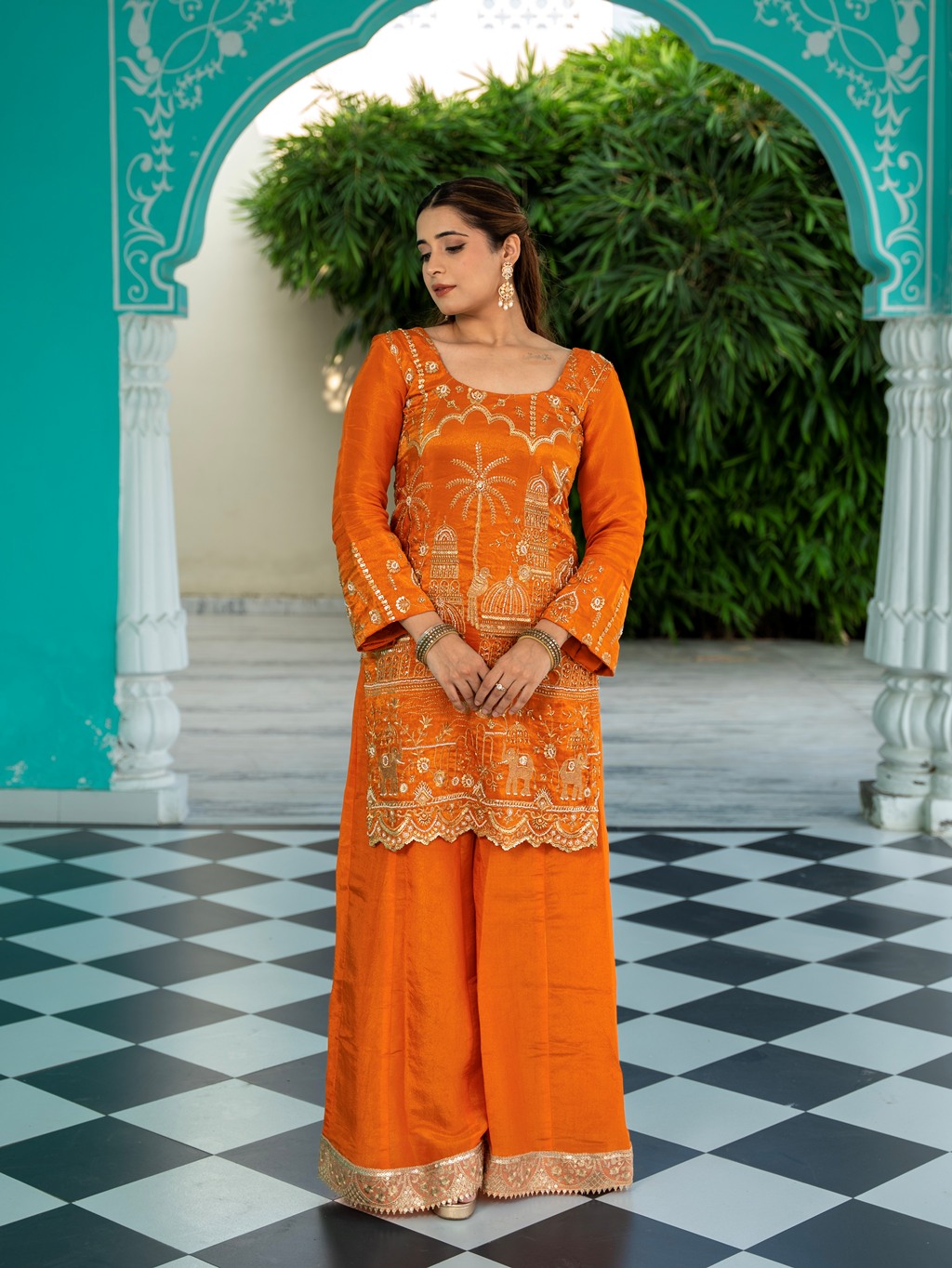 Sunset-Orange Heavy Aari Work Sharara Set