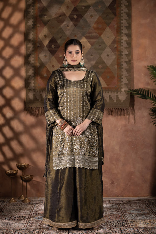 Blackish Mehandi-Green Heavy Cutdana & Pearl Work Sharara Set