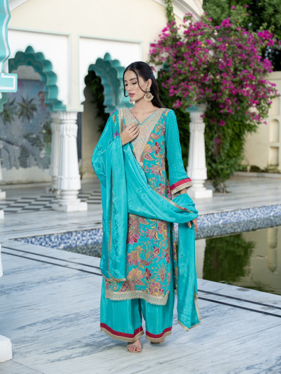 Tiffany-Blue Dori & Aari Work Royal A-line Set