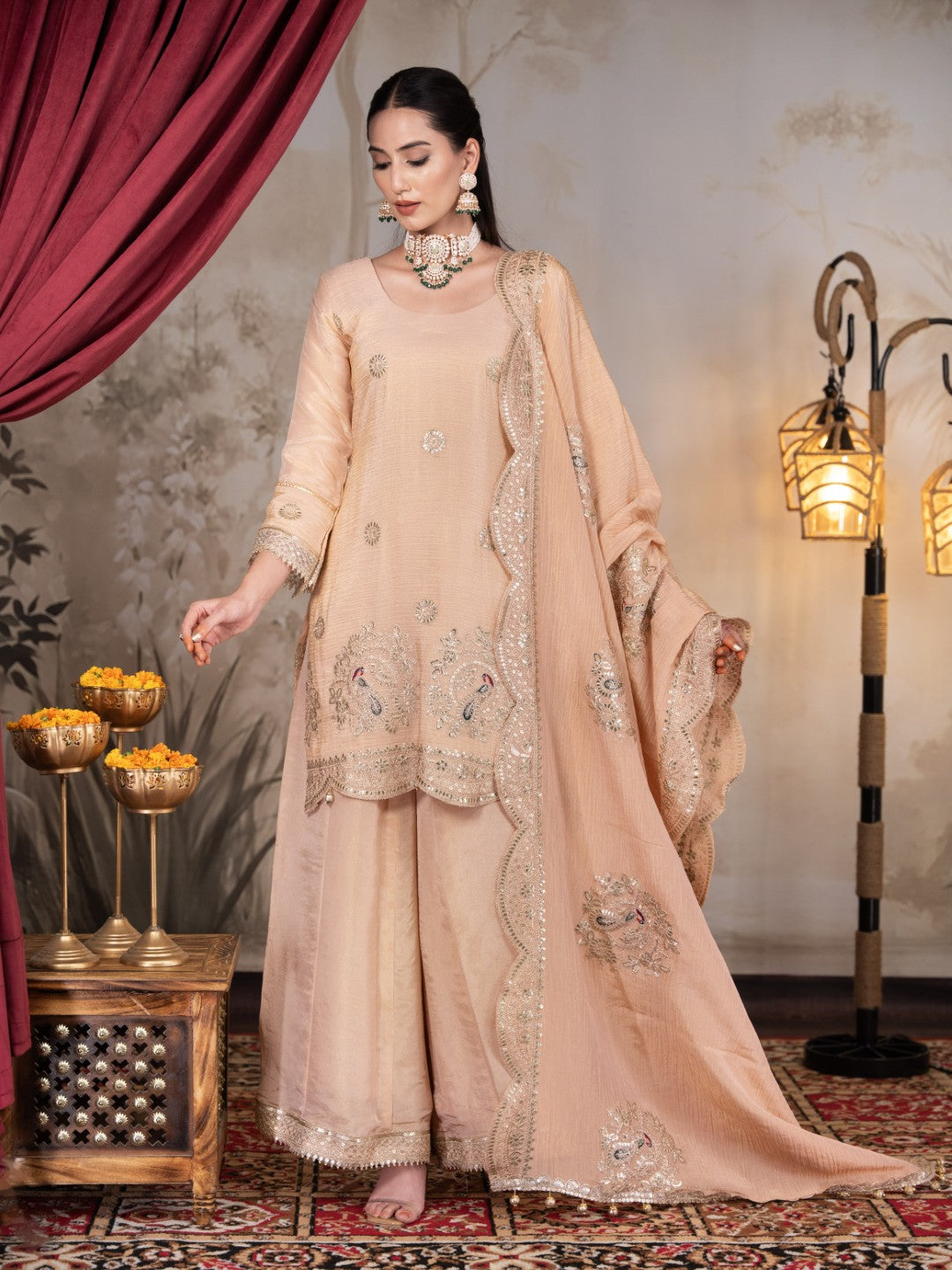Peach Gota & Tila Work Sharara Set