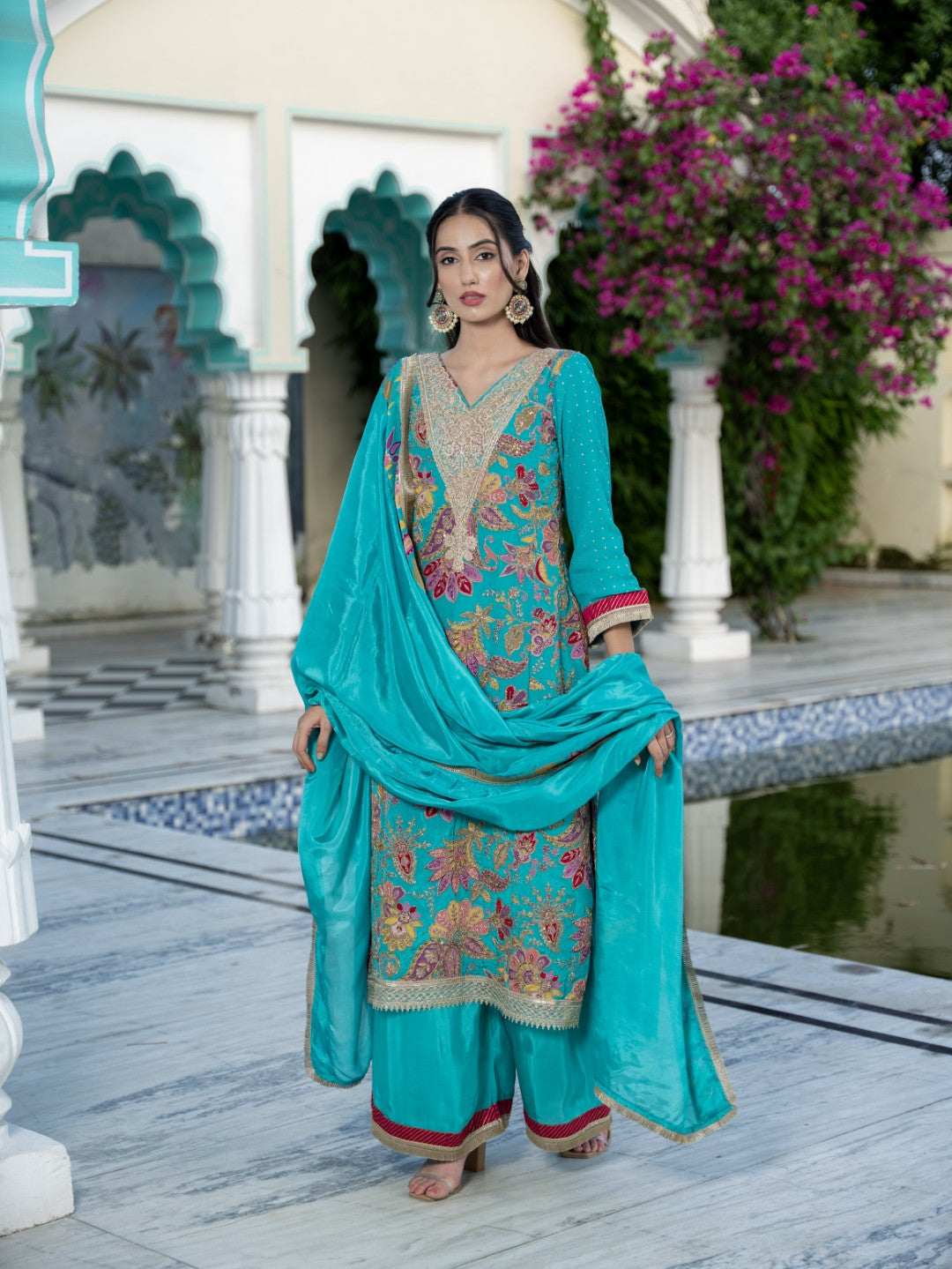 Tiffany-Blue Dori & Aari Work Royal A-line Set