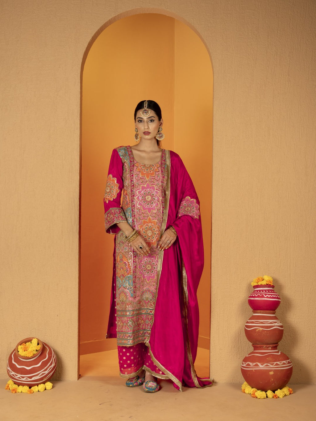 Hot-Pink Aari Work Plazo Set