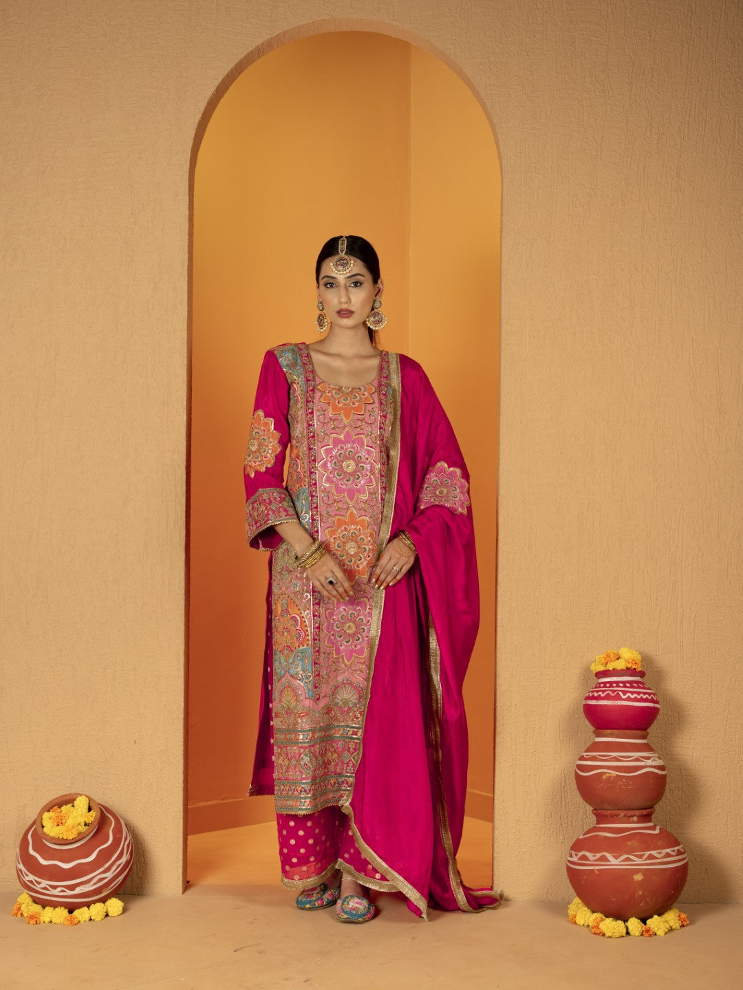 Hot-Pink Aari Work Plazo Set