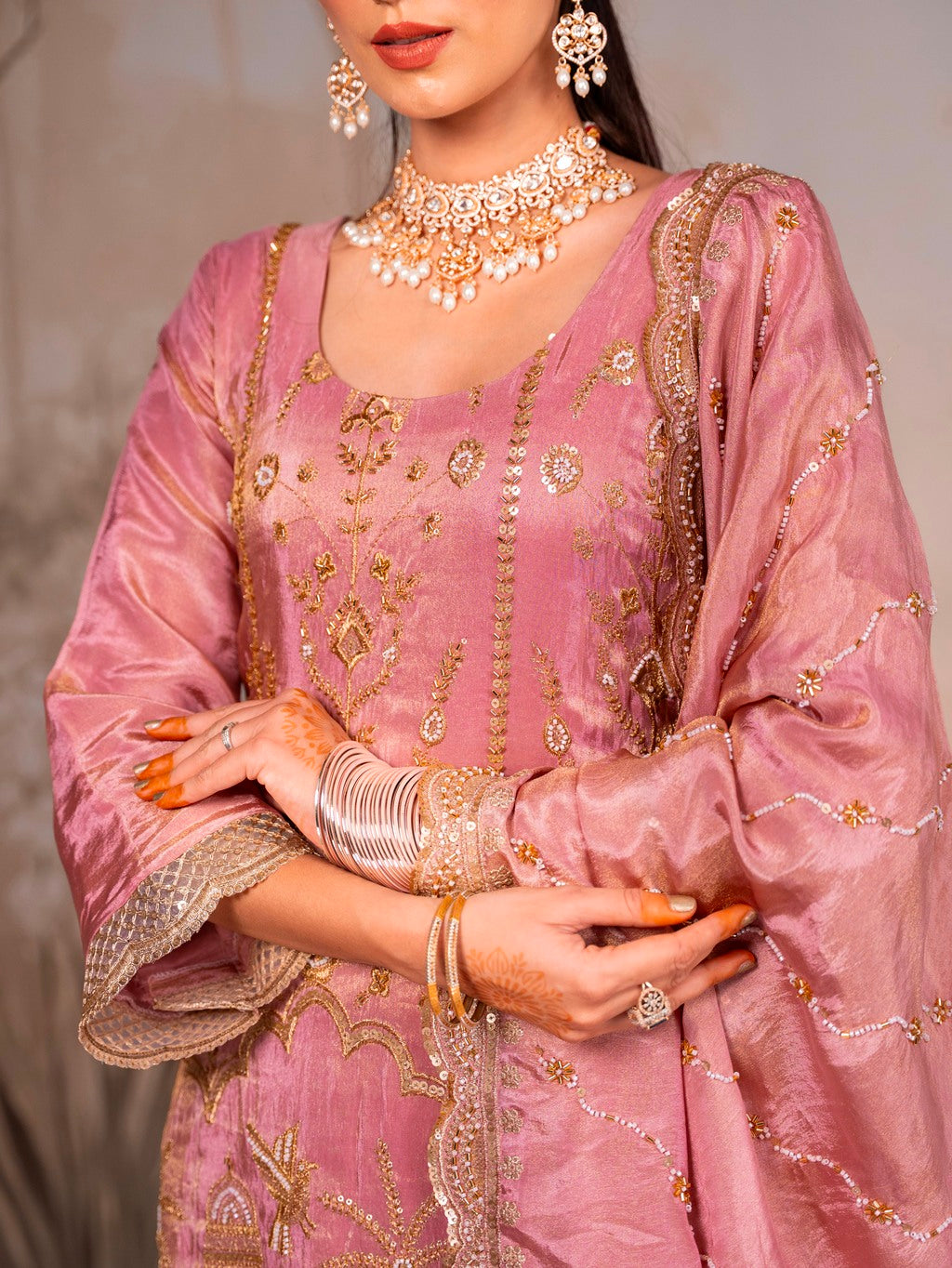 Onion-Pink Heavy Aari Work Kurta Set
