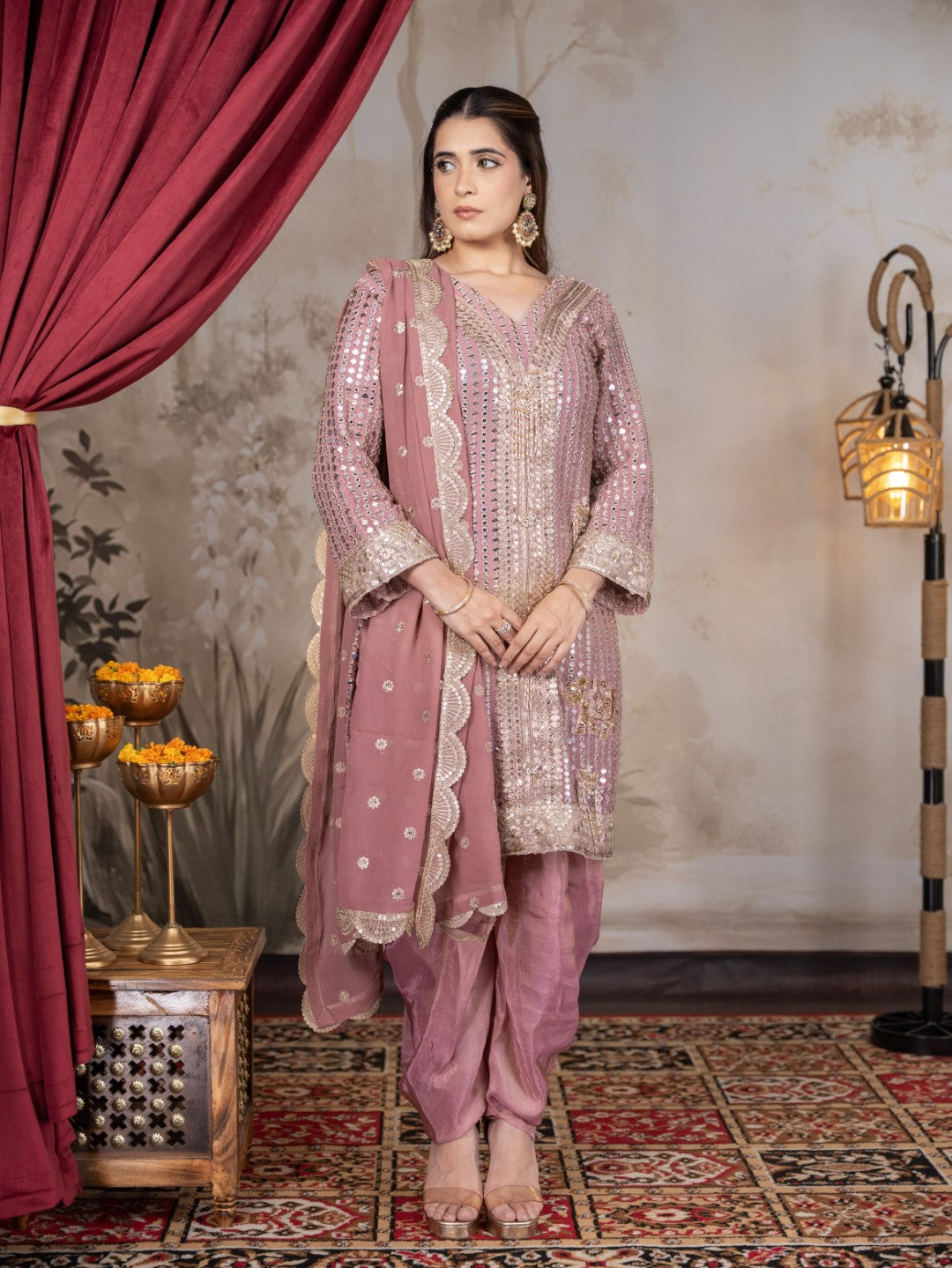 Onion Pink Heavy Mirror work Dhoti Set