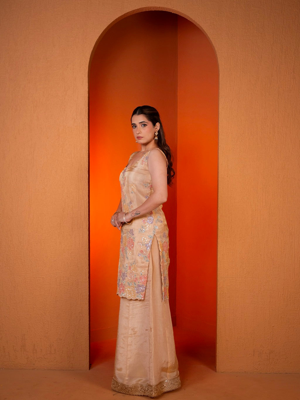 Fawn-Beige Sequin Work Sharara Set