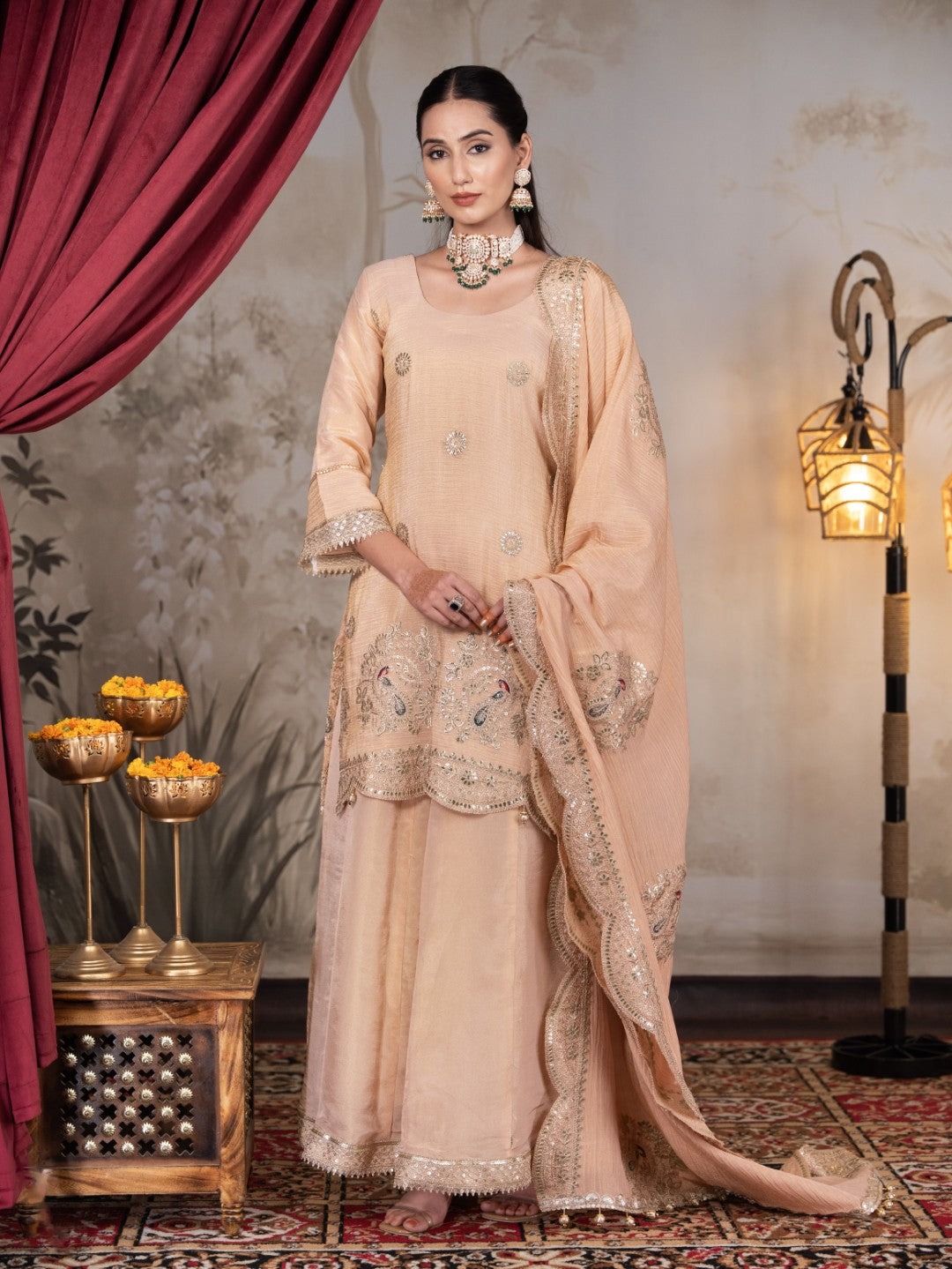 Peach Gota & Tila Work Sharara Set