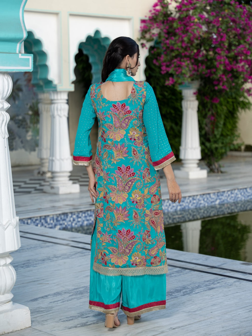 Tiffany-Blue Dori & Aari Work Royal A-line Set