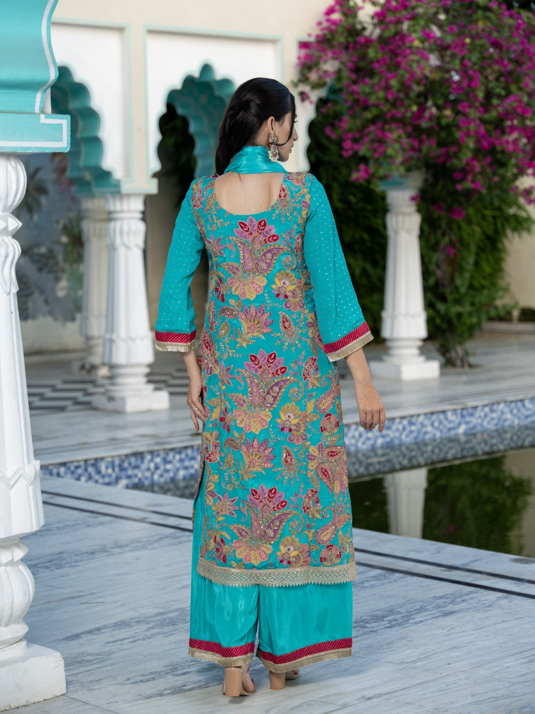 Tiffany-Blue Dori & Aari Work Royal A-line Set