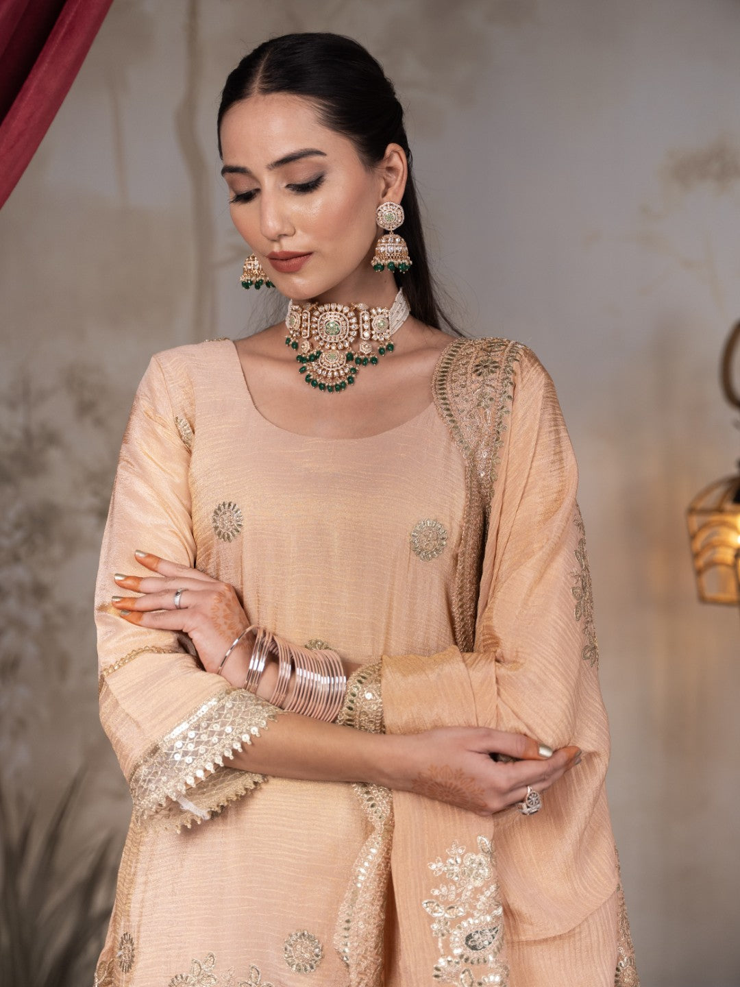 Peach Gota & Tila Work Sharara Set